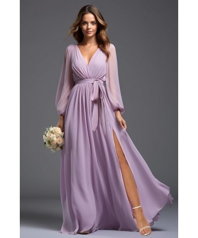 Women's Long Sleeve Bridesmaid Dresses for Wedding Chiffon Pleated Formal Evening Gown with Slit Silver $26.65 Dresses