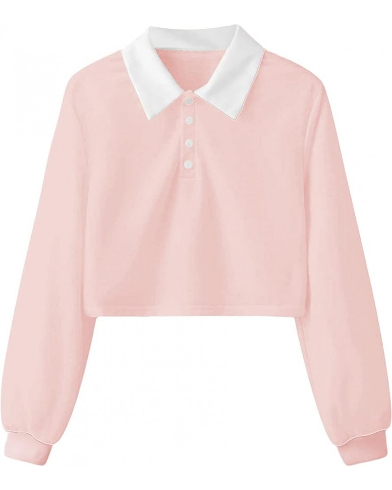 Women's Collared Half Button Long Sleeve Striped Crop Top Sweatshirt Solid Pink $11.87 Hoodies & Sweatshirts