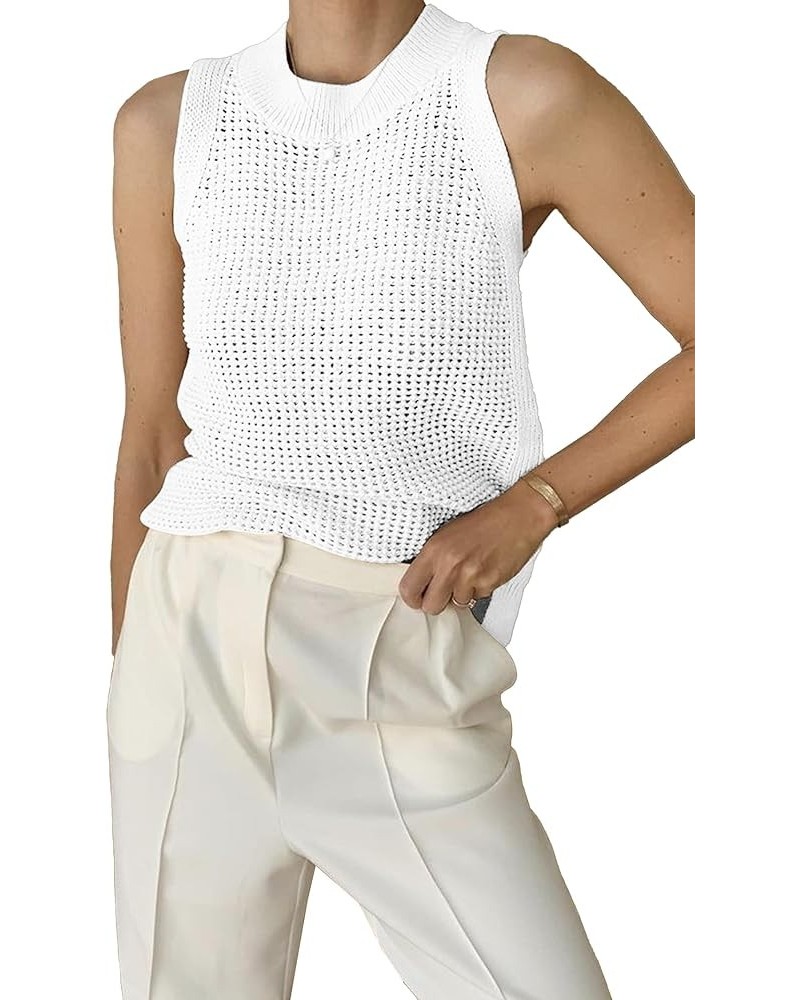 Women's Summer Knit Tank Top Sleeveless Hollow Out Tops Round Neck Crochet Knitted Cami Shirts White $16.95 Tanks