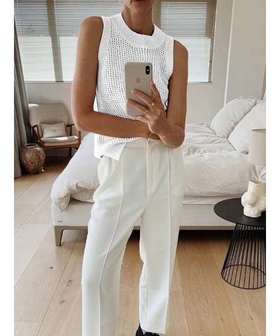 Women's Summer Knit Tank Top Sleeveless Hollow Out Tops Round Neck Crochet Knitted Cami Shirts White $16.95 Tanks