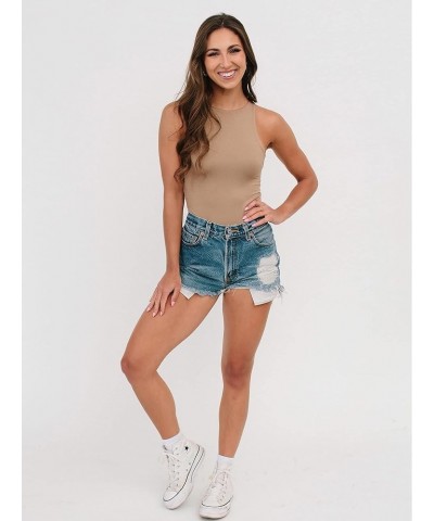 Women's Bodysuit With Thong Crew Neck Sleeveless Halter Tank Tops Leotard Khaki $11.00 Bodysuits