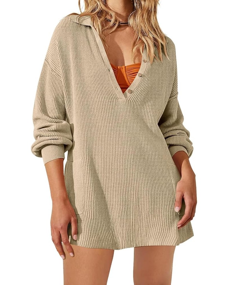 Womens Oversized V Neck Sweater Dress Lapel Button Knit Pullover Sweaters Long Sleeve Knit Mini Dresses Off-white $9.53 Sweaters