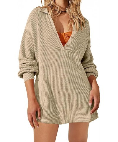 Womens Oversized V Neck Sweater Dress Lapel Button Knit Pullover Sweaters Long Sleeve Knit Mini Dresses Off-white $9.53 Sweaters