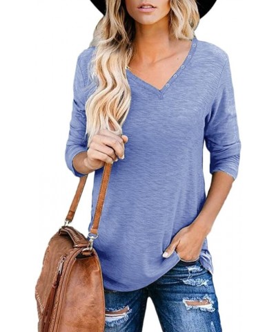 Women's 3/4 Sleeve V Neck T Shirts Casual Summer Loose Tops Blouse Light Blue $10.39 Tops