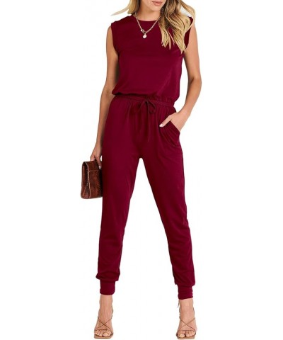 Women's Summer Crewneck Sleeveless Casual Loose Stretchy Jumpsuits Rompers with Pockets Wine Red $18.90 Jumpsuits