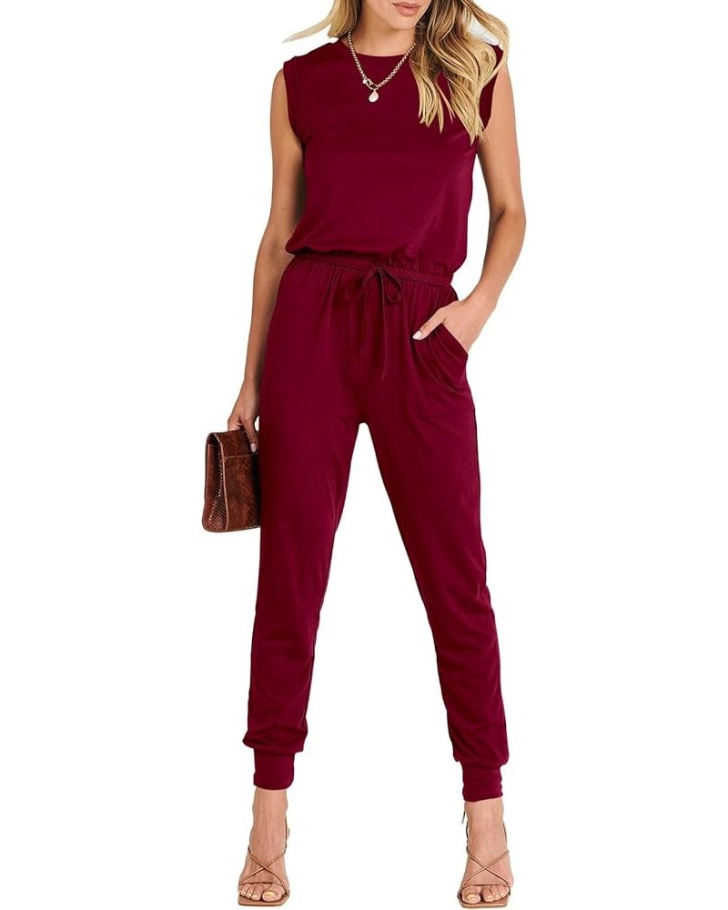 Women's Summer Crewneck Sleeveless Casual Loose Stretchy Jumpsuits Rompers with Pockets Wine Red $18.90 Jumpsuits