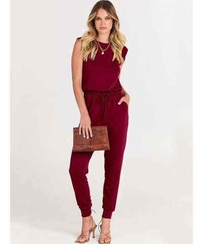 Women's Summer Crewneck Sleeveless Casual Loose Stretchy Jumpsuits Rompers with Pockets Wine Red $18.90 Jumpsuits