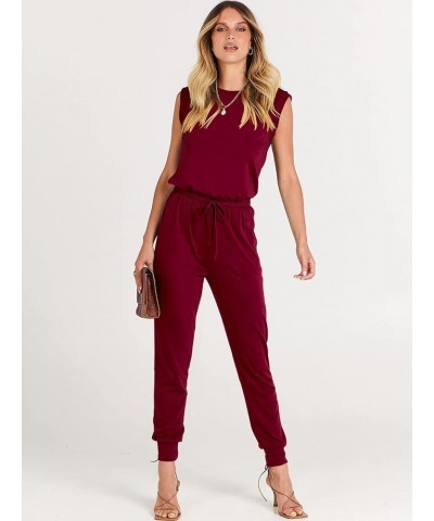 Women's Summer Crewneck Sleeveless Casual Loose Stretchy Jumpsuits Rompers with Pockets Wine Red $18.90 Jumpsuits