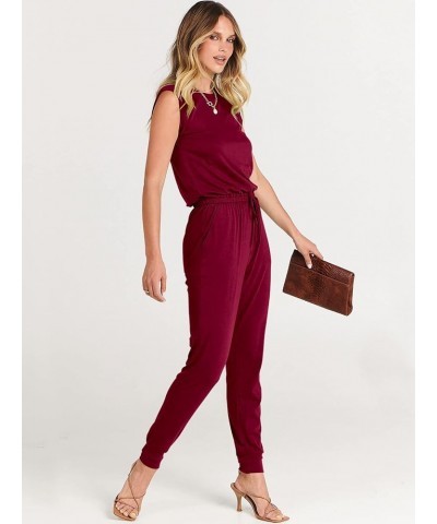 Women's Summer Crewneck Sleeveless Casual Loose Stretchy Jumpsuits Rompers with Pockets Wine Red $18.90 Jumpsuits