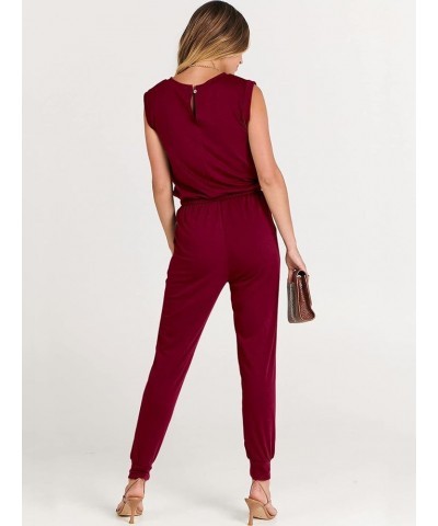 Women's Summer Crewneck Sleeveless Casual Loose Stretchy Jumpsuits Rompers with Pockets Wine Red $18.90 Jumpsuits