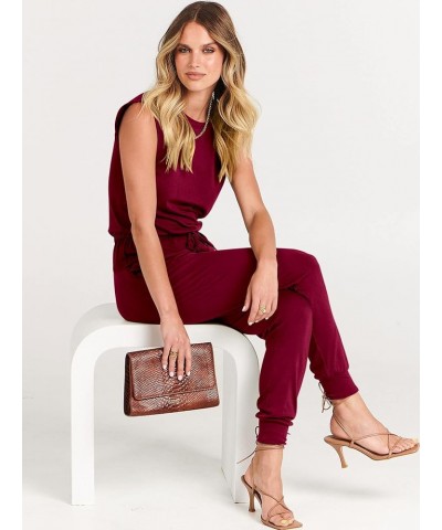 Women's Summer Crewneck Sleeveless Casual Loose Stretchy Jumpsuits Rompers with Pockets Wine Red $18.90 Jumpsuits