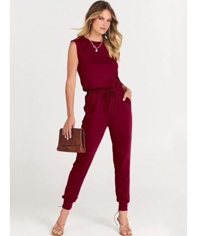 Women's Summer Crewneck Sleeveless Casual Loose Stretchy Jumpsuits Rompers with Pockets Wine Red $18.90 Jumpsuits