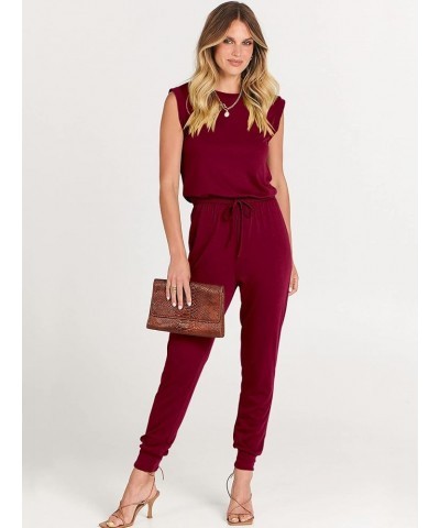 Women's Summer Crewneck Sleeveless Casual Loose Stretchy Jumpsuits Rompers with Pockets Wine Red $18.90 Jumpsuits