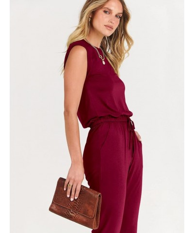 Women's Summer Crewneck Sleeveless Casual Loose Stretchy Jumpsuits Rompers with Pockets Wine Red $18.90 Jumpsuits