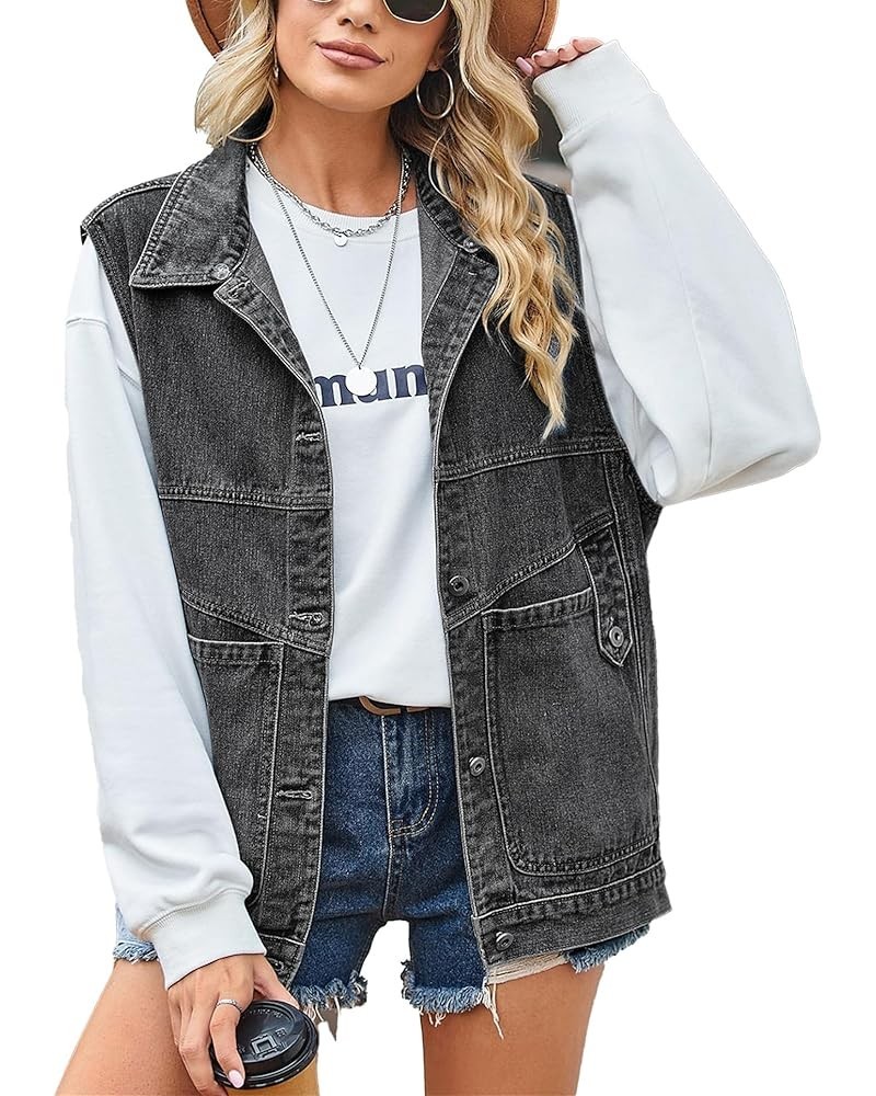 Women's Oversized Jean Vest Denim Vest Mid Long Sleeveless Jean Jacket Distressed Vest E-black Grey $17.39 Vests