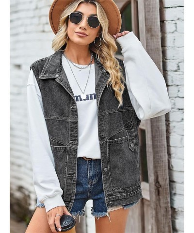 Women's Oversized Jean Vest Denim Vest Mid Long Sleeveless Jean Jacket Distressed Vest E-black Grey $17.39 Vests