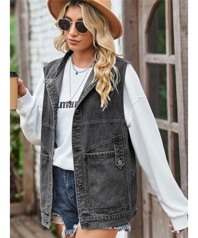 Women's Oversized Jean Vest Denim Vest Mid Long Sleeveless Jean Jacket Distressed Vest E-black Grey $17.39 Vests