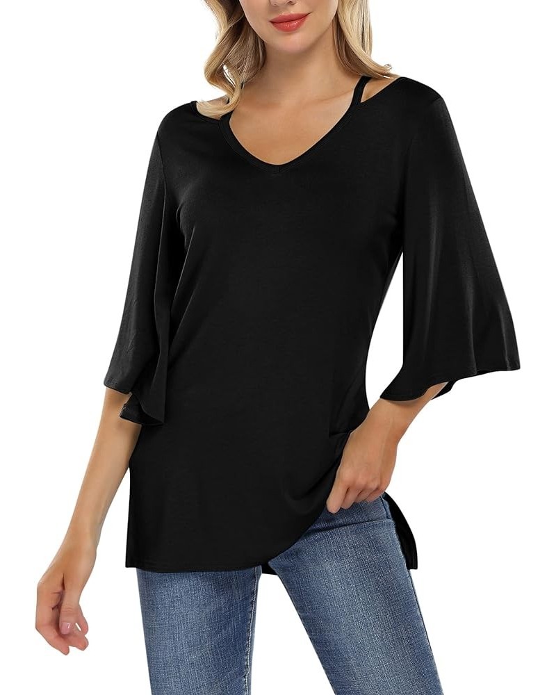 Women's 3/4 Bell Sleeve Shirt Loose Fit V Neck Blouse Cute Tops Black $11.00 Tops