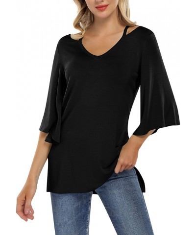 Women's 3/4 Bell Sleeve Shirt Loose Fit V Neck Blouse Cute Tops Black $11.00 Tops