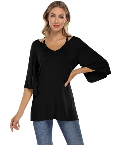 Women's 3/4 Bell Sleeve Shirt Loose Fit V Neck Blouse Cute Tops Black $11.00 Tops