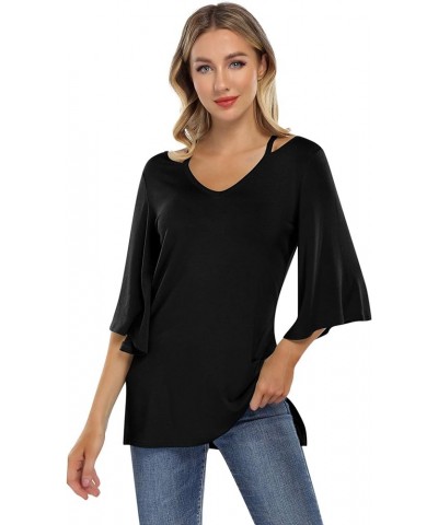 Women's 3/4 Bell Sleeve Shirt Loose Fit V Neck Blouse Cute Tops Black $11.00 Tops