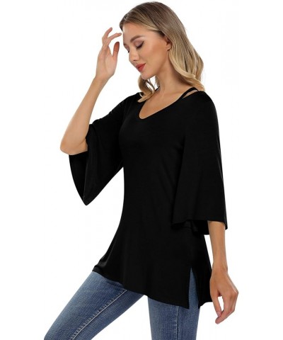 Women's 3/4 Bell Sleeve Shirt Loose Fit V Neck Blouse Cute Tops Black $11.00 Tops