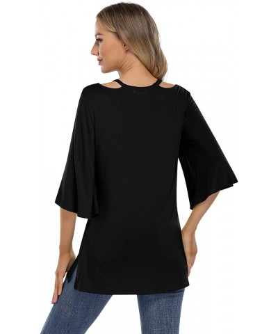 Women's 3/4 Bell Sleeve Shirt Loose Fit V Neck Blouse Cute Tops Black $11.00 Tops