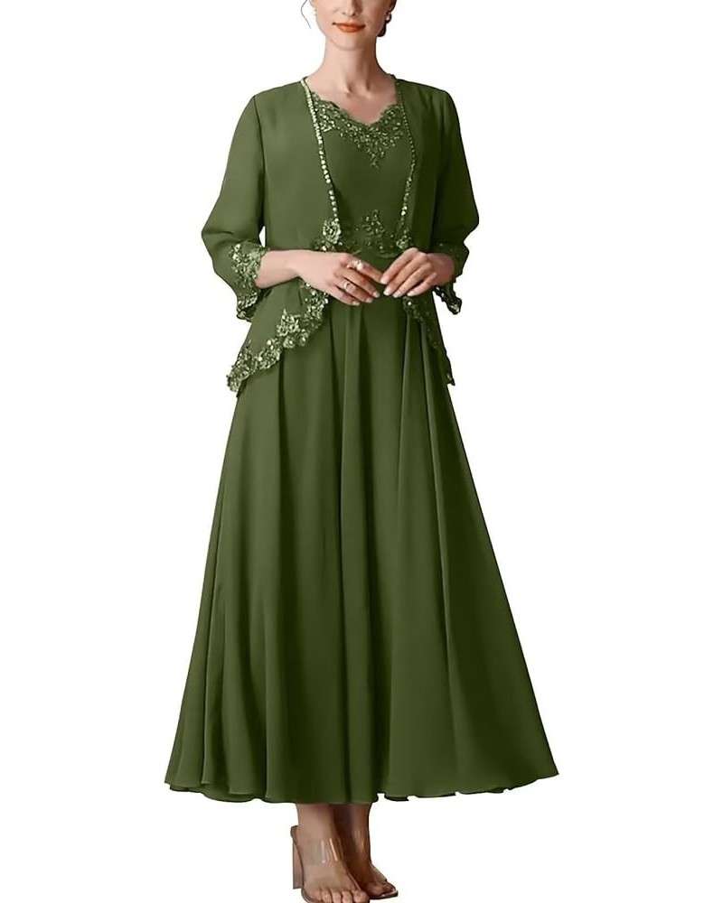 2 Piece Mother of The Bride Dresses with Jacket Chiffon Sequin Appliques Formal Dress for Women Olive $29.11 Dresses