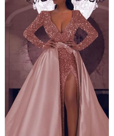 Long Sleeve Sequin Prom Dresses Long Sparkly Satin Ball Gown Slit V Neck Mermaid Evening Party Dress for Women Formal Royal B...