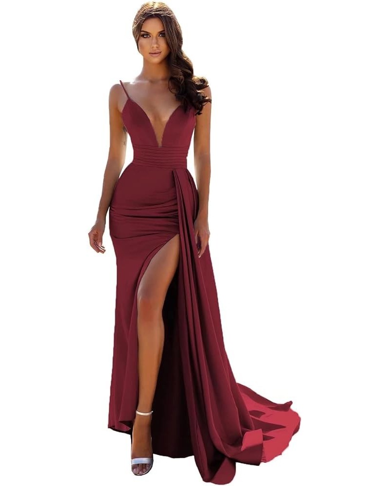 Mermaid Satin Prom Dresses Long with Slit Spaghetti Straps Ball Gown V-Neck Formal Party Evening Gowns 2024 Burgundy $34.23 D...