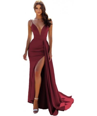 Mermaid Satin Prom Dresses Long with Slit Spaghetti Straps Ball Gown V-Neck Formal Party Evening Gowns 2024 Burgundy $34.23 D...