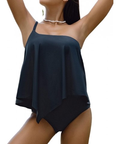 CUPSHE Women Tankini Set Two Piece Swimsuit One Shoulder Adjustable Straps High Waisted Bottom Deep Blue $14.61 Swimsuits