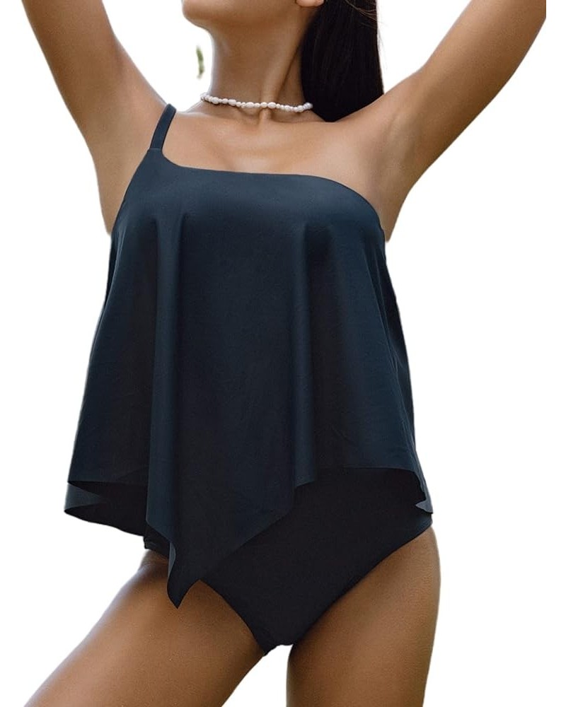 CUPSHE Women Tankini Set Two Piece Swimsuit One Shoulder Adjustable Straps High Waisted Bottom Deep Blue $14.61 Swimsuits