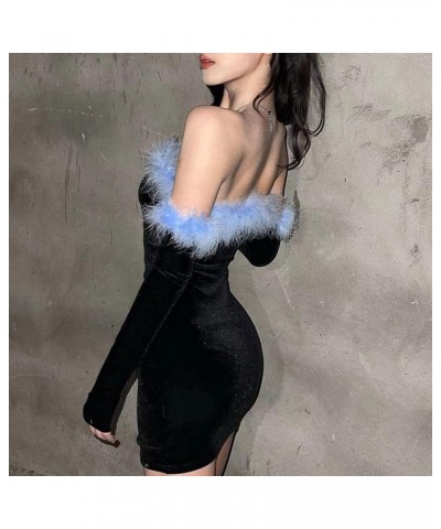 Women Elegant Hepburn Dress Black Puff Sleeve Velvet Dress Backless Off Shoulder Bodycon Mini Party Blue $14.81 Dresses