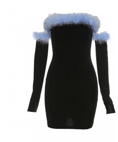 Women Elegant Hepburn Dress Black Puff Sleeve Velvet Dress Backless Off Shoulder Bodycon Mini Party Blue $14.81 Dresses