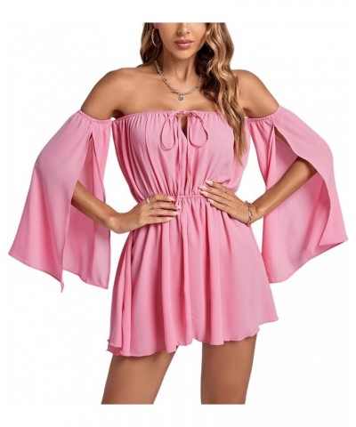 Women's Off Shoulder Tie V Neck Split Ruffle Sleeve Strapless Ruched Mini Dress Pink $18.86 Dresses