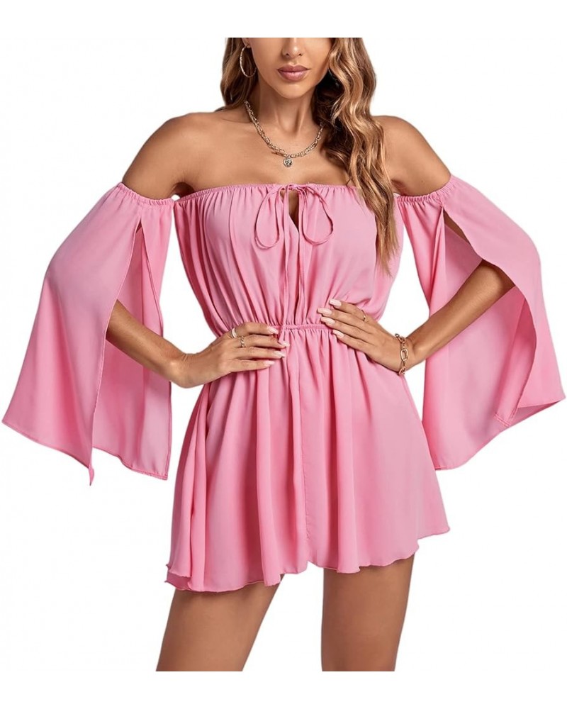 Women's Off Shoulder Tie V Neck Split Ruffle Sleeve Strapless Ruched Mini Dress Pink $18.86 Dresses