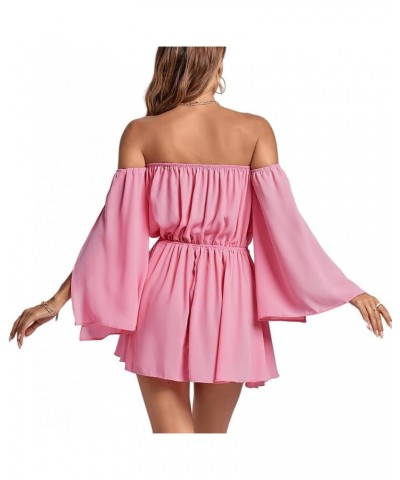 Women's Off Shoulder Tie V Neck Split Ruffle Sleeve Strapless Ruched Mini Dress Pink $18.86 Dresses