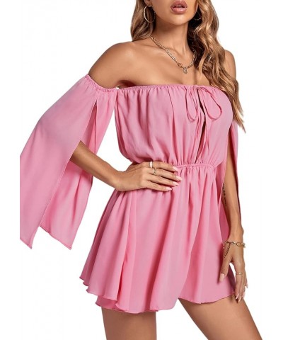 Women's Off Shoulder Tie V Neck Split Ruffle Sleeve Strapless Ruched Mini Dress Pink $18.86 Dresses