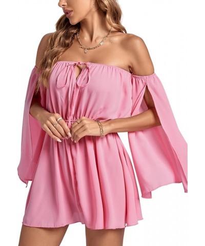 Women's Off Shoulder Tie V Neck Split Ruffle Sleeve Strapless Ruched Mini Dress Pink $18.86 Dresses