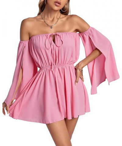 Women's Off Shoulder Tie V Neck Split Ruffle Sleeve Strapless Ruched Mini Dress Pink $18.86 Dresses