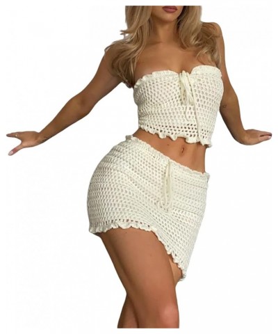 Women Y2k Slim Crop Top Skirt Set 2 Piece Off Shoulder Hollow Out Tube Top Bodycon Skirt Outfits Clubwear 05-beige $10.79 Suits