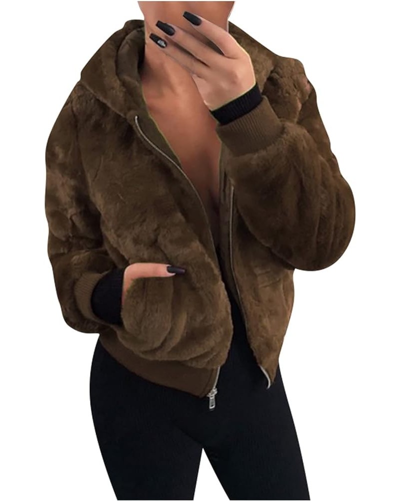 Women's Cropped Faux Fur Jacket Plus Size Plush Hooded Long Sleeve Solid Zipper Jacket Winter Coats with Pockets 02-khaki $18...