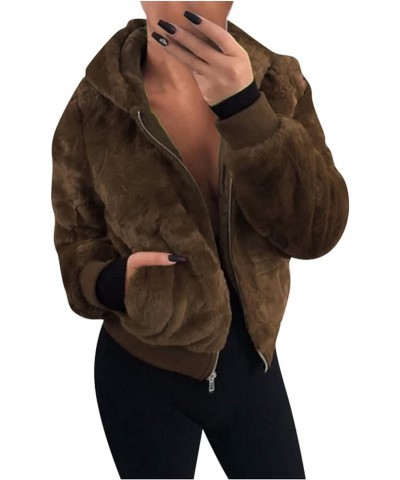 Women's Cropped Faux Fur Jacket Plus Size Plush Hooded Long Sleeve Solid Zipper Jacket Winter Coats with Pockets 02-khaki $18...