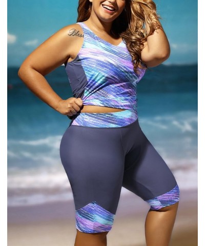 Women's Plus Size Floral Capris Bottom Tankini Two Piece Swimsuits L-5XL Bluish $15.60 Swimsuits