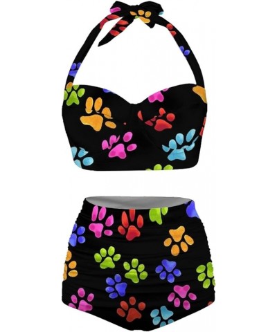 Butterfly Women's Retro Ruched Ruffle High Waist Bikini Set, Flag Tankini Swimsuits Tummy Control Swimwear Dog Paw Print $14....