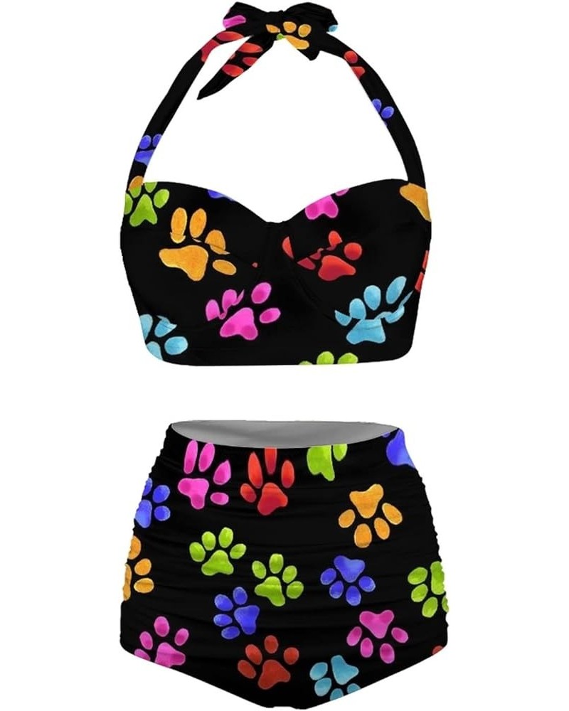 Butterfly Women's Retro Ruched Ruffle High Waist Bikini Set, Flag Tankini Swimsuits Tummy Control Swimwear Dog Paw Print $14....