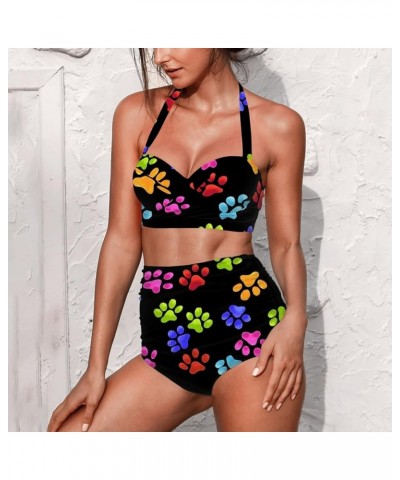 Butterfly Women's Retro Ruched Ruffle High Waist Bikini Set, Flag Tankini Swimsuits Tummy Control Swimwear Dog Paw Print $14....