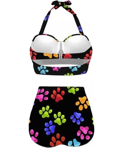 Butterfly Women's Retro Ruched Ruffle High Waist Bikini Set, Flag Tankini Swimsuits Tummy Control Swimwear Dog Paw Print $14....