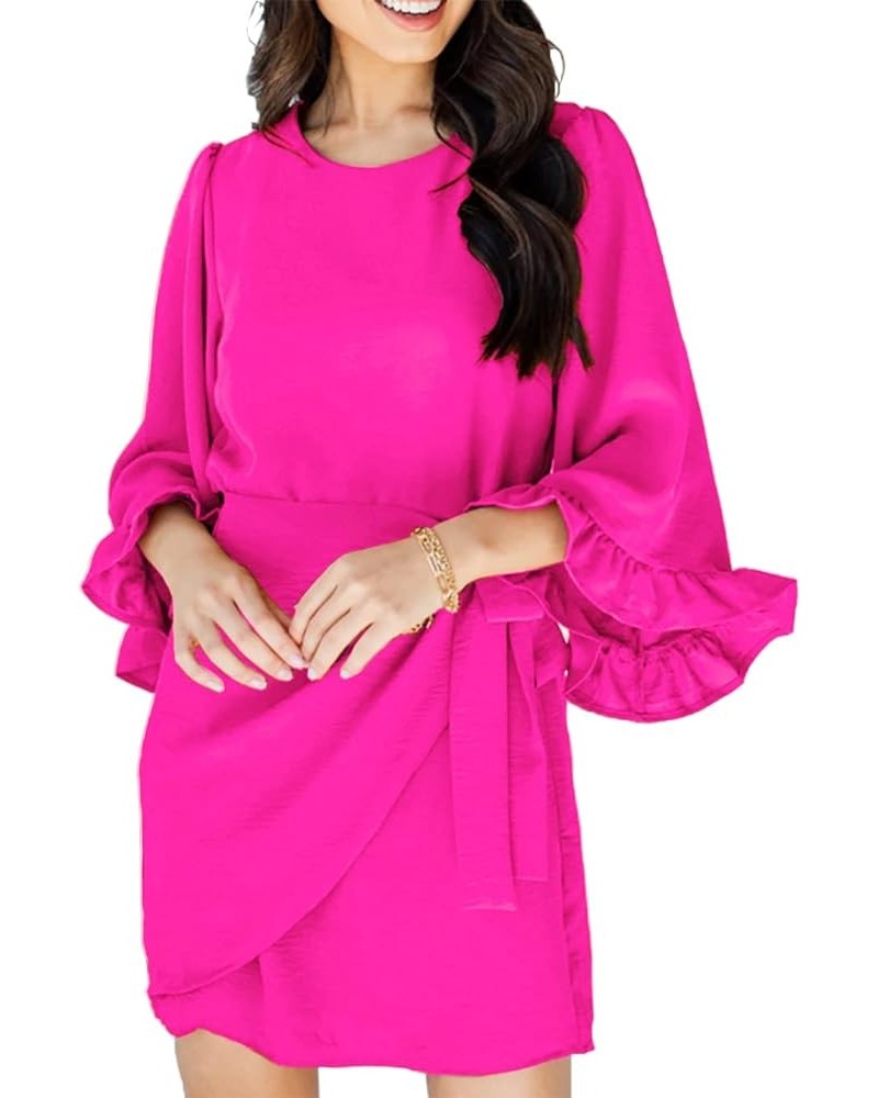 Womens Spring Tie Waist Ruched Bodycon Dress 3/4 Ruffle Sleeve Crew Neck Belted Wrap Mini Dress Hot Pink 9 $8.82 Dresses